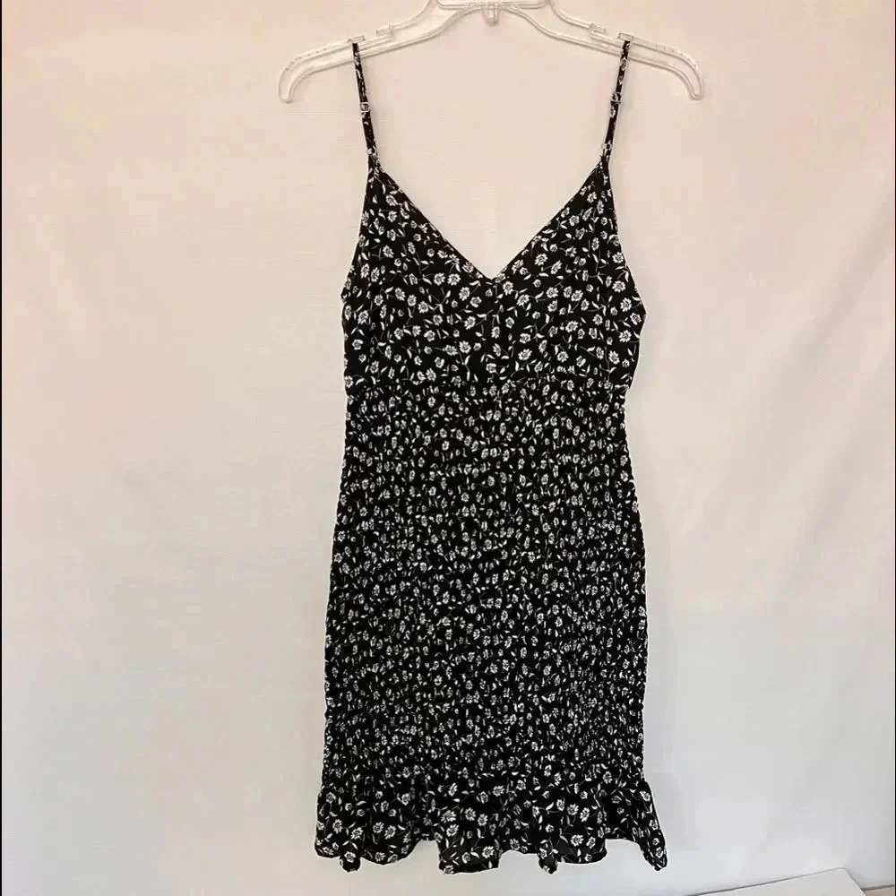Floral Mini Smocked Dress Black White Print Adjustable Straps